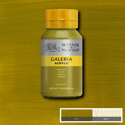 Flaska med 500 ml akrylfärg. Winsor & Newton Galeria Green Gold