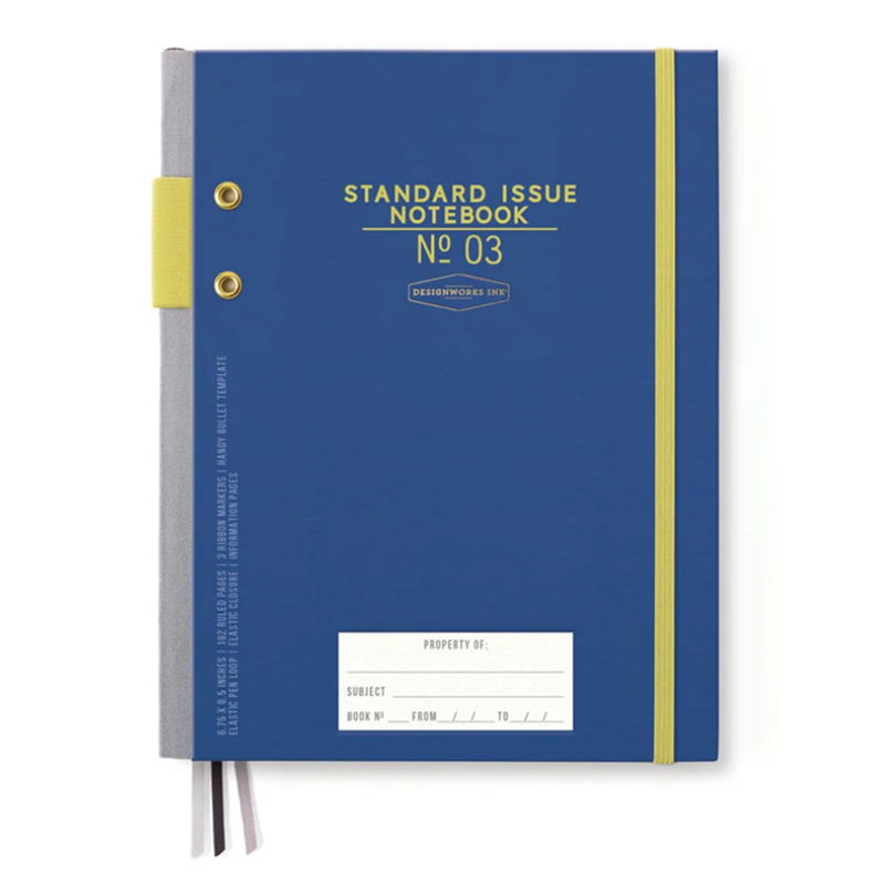 Framsida av Standard Issue skrivbok i Cobalt + Citron med guldfoliedetaljer. 192 sidor av hög kvalitet