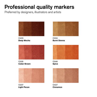 Färgprover för Winsor & Newton Promarker Skin Tones 2 - Burnt Sienna, Cinnamon, Tan, Blush, Dusky Pink, Spic