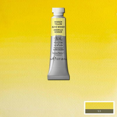 Winsor & Newton Professional Water Colour Winsor Yellow i 5 ml tub som visas mot målad bakgrund i samma färg.
