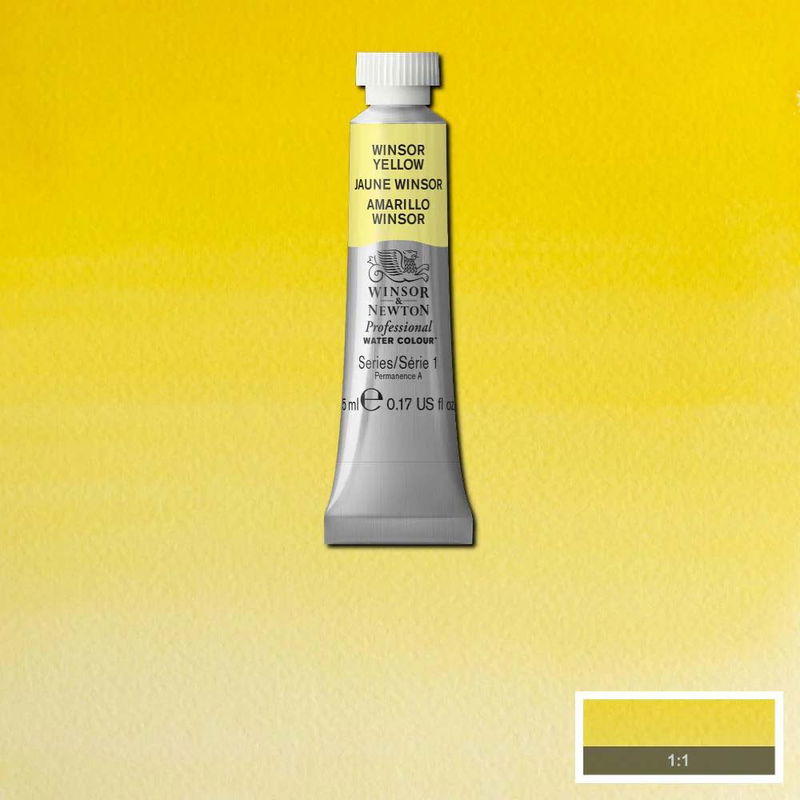 Winsor & Newton Professional Water Colour Winsor Yellow i 5 ml tub som visas mot målad bakgrund i samma färg.