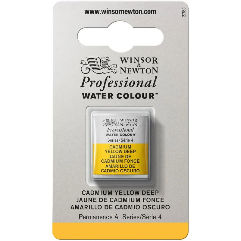 Förpackning med Winsor & Newton Professional akvarellfärg Cadmium Yellow Deep halvkopp