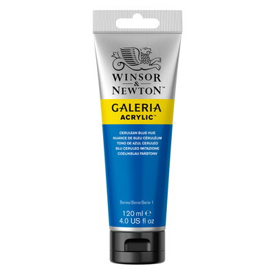 Winsor & Newton Galeria Akrylfärg, 120 ml tub mot färgad bakgrund. Cerulean Blue Hue