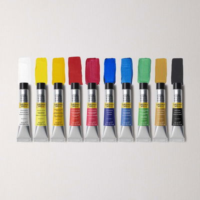 Alla färger i setet Winsor & Newton Galeria Acrylic 10x12 ml med färgprover på duk