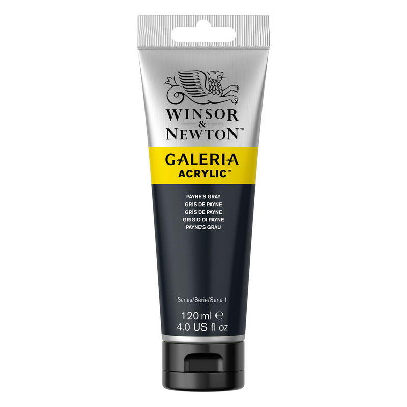Winsor & Newton Galeria Akrylfärg, 120 ml tub mot färgad bakgrund.Payne’s Gray