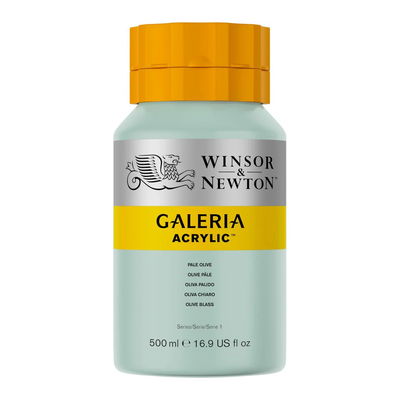 Winsor & Newton Galeria Akrylfärg, 500 ml flaska mot färgad bakgrund. Pale Olive