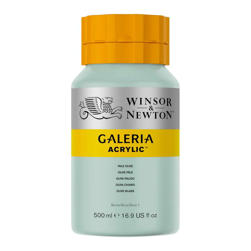 Winsor & Newton Galeria Akrylfärg, 500 ml flaska mot färgad bakgrund. Pale Olive