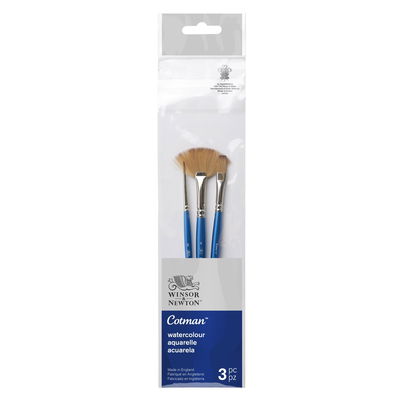 Winsor & Newton Cotman akvarellpenslar, set om tre stycken. En rund, en solfjäder och en one stroke platt