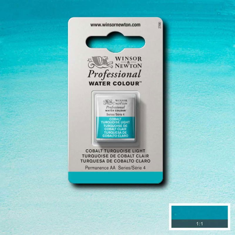 Winsor & Newton Professional Water Colour Cobalt Turquoise Light i halvkopp som visas mot målad bakgrund i samma färg.
