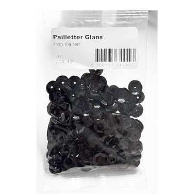 Påse med svarta paljetter 8 mm 10 g för dekoration och pyssel