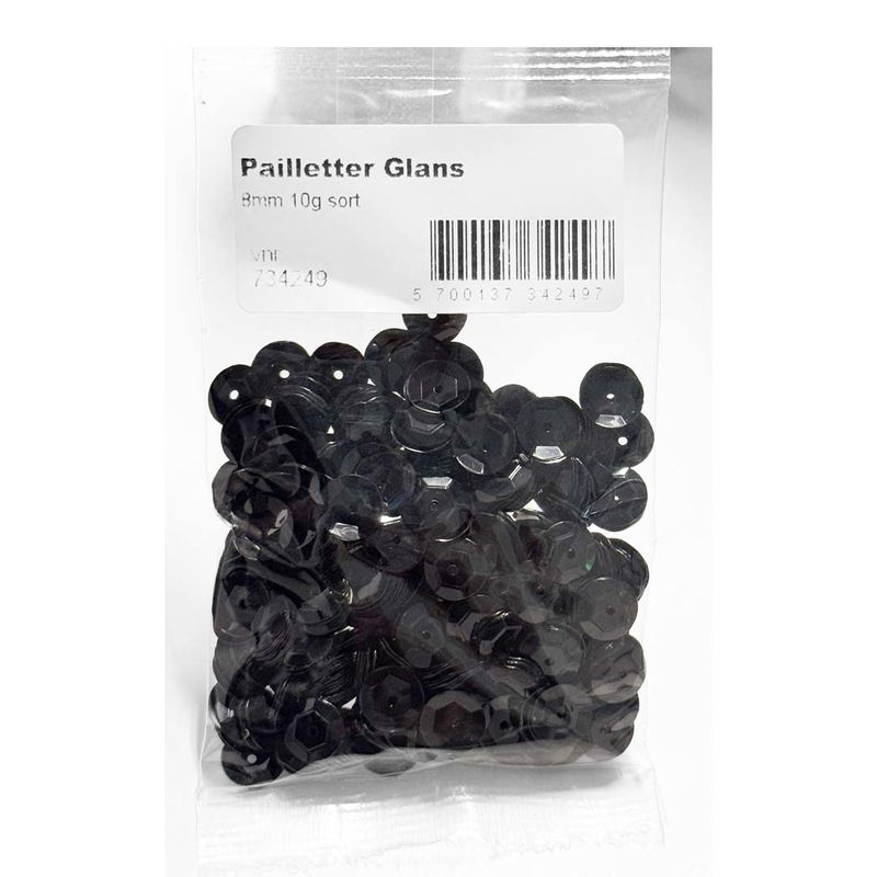 Påse med svarta paljetter 8 mm 10 g för dekoration och pyssel