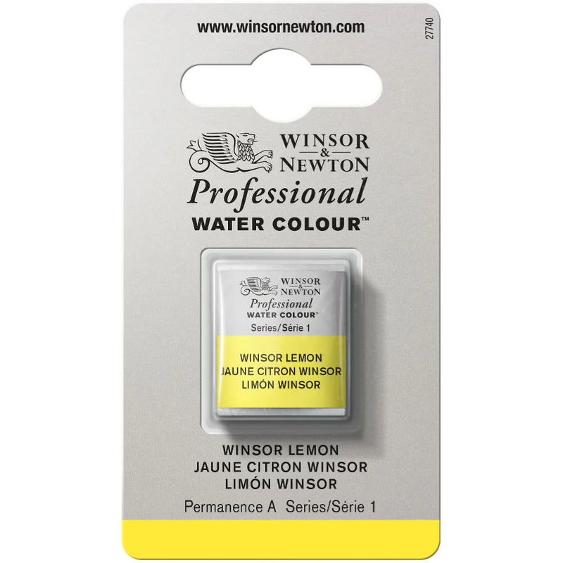 Förpackning med Winsor & Newton Professional akvarellfärg Winsor Lemon halvkopp