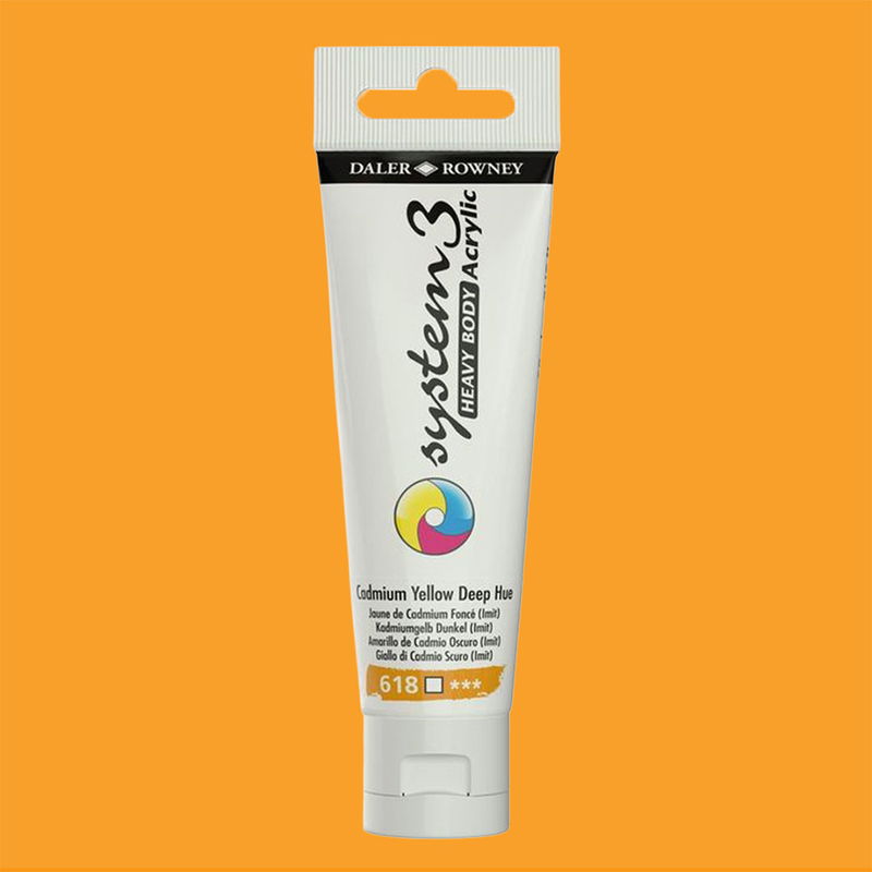 Akrylfärg i tub System3 Heavy Body Cadmium Yellow Deep Hue 618 med färgprov