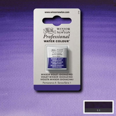 Winsor & Newton Professional Water Colour Winsor Violet i halvkopp som visas mot målad bakgrund i samma färg.