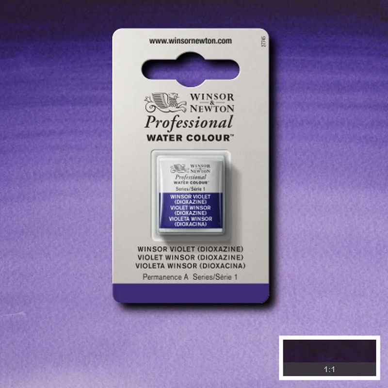 Winsor & Newton Professional Water Colour Winsor Violet i halvkopp som visas mot målad bakgrund i samma färg.