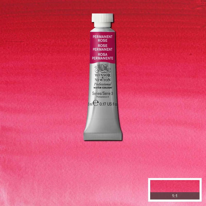 Winsor & Newton Professional Water Colour Permanent Rose i 5 ml tub som visas mot målad bakgrund i samma färg.