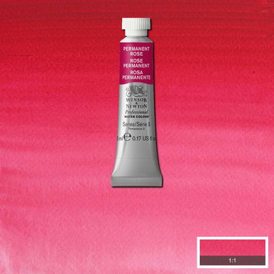 Färgprov och förpackning, Permanent Rose i 5 ml tub Winsor & Newton Professional Water Colour Permanent Rose i 5 ml tub som visas mot målad bakgrund i samma färg.