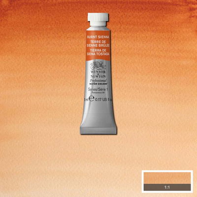 Färgprov och förpackning, Burnt Sienna 5 ml tub Winsor & Newton Professional Water Colour Burnt Sienna som visas mot målad bakgrund i samma färg.