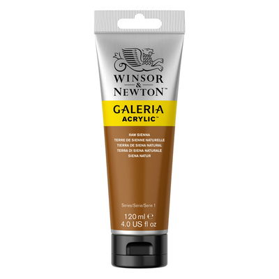 Winsor & Newton Galeria Akrylfärg, 120 ml tub mot färgad bakgrund. Raw Sienna