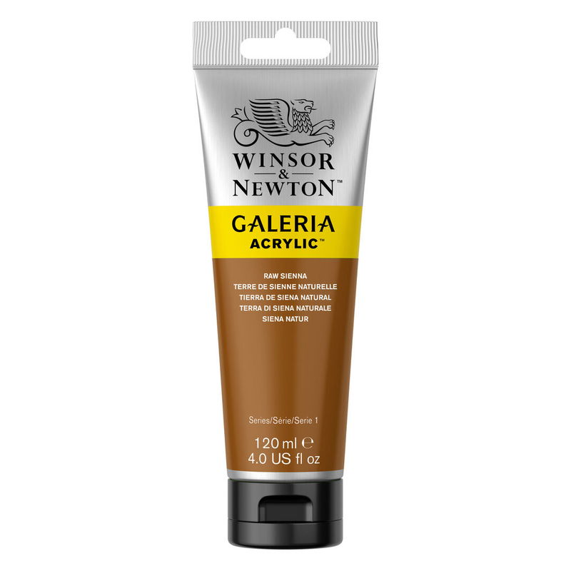 Winsor & Newton Galeria Akrylfärg, 120 ml tub mot färgad bakgrund. Raw Sienna