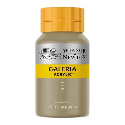 Winsor & Newton Galeria Akrylfärg, 500 ml flaska mot färgad bakgrund. Gold