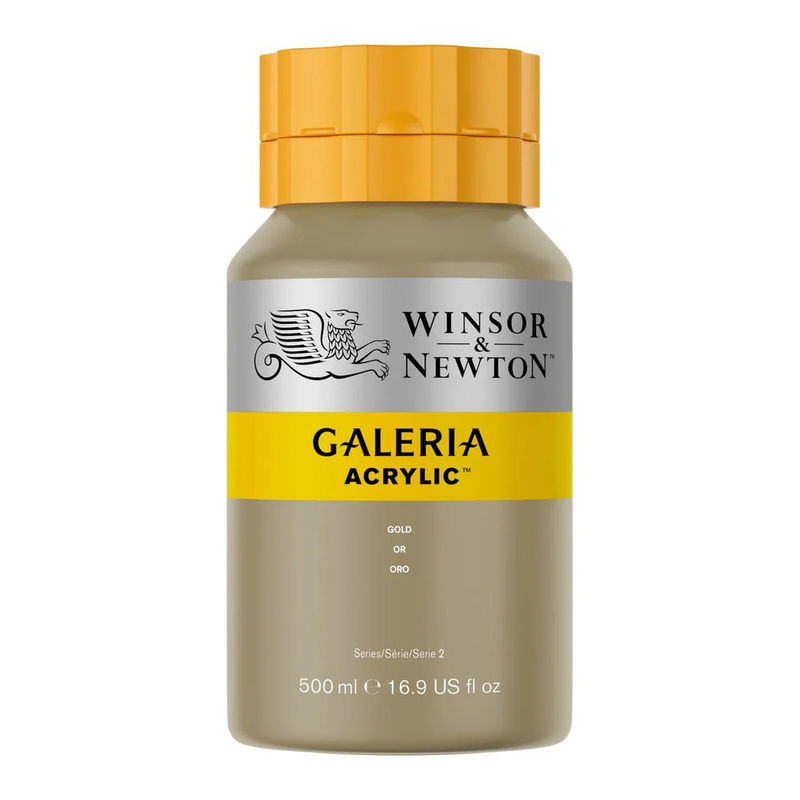 Winsor & Newton Galeria Akrylfärg, 500 ml flaska mot färgad bakgrund. Gold