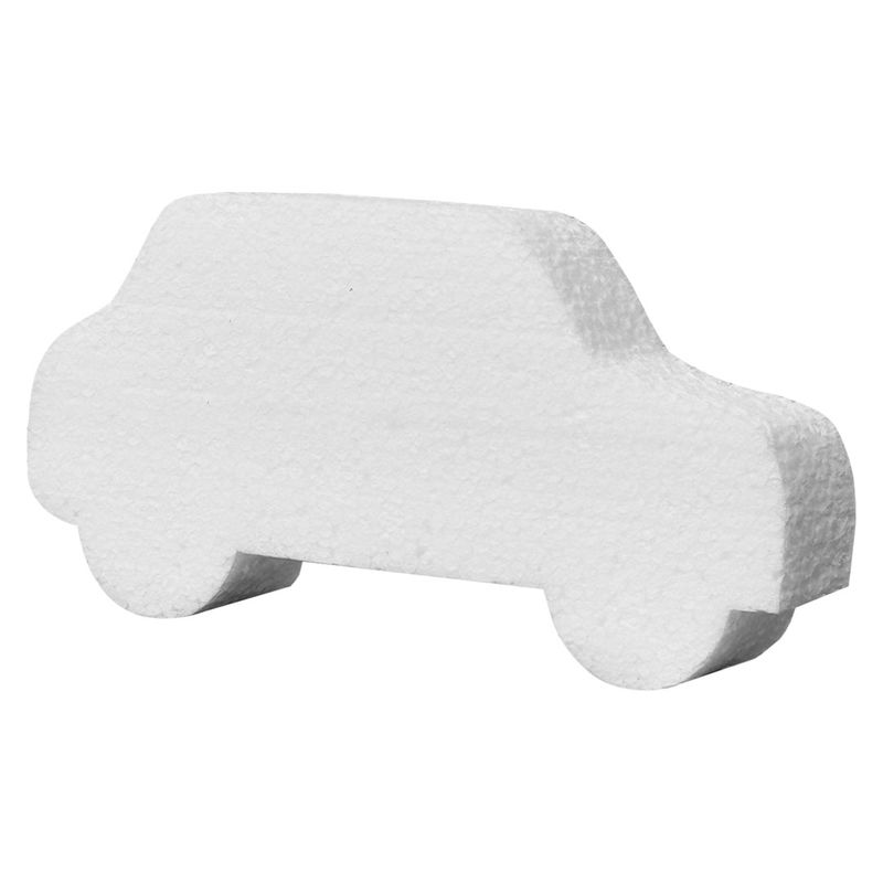 Frigolitbil sedd snett framifrån. Ca. 17 cm bred