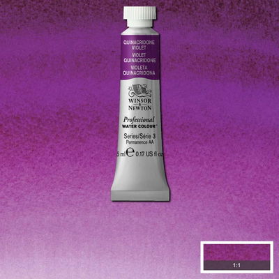Winsor & Newton Professional Water Colour Quinacridone Violet i 5 ml tub som visas mot målad bakgrund i samma färg.