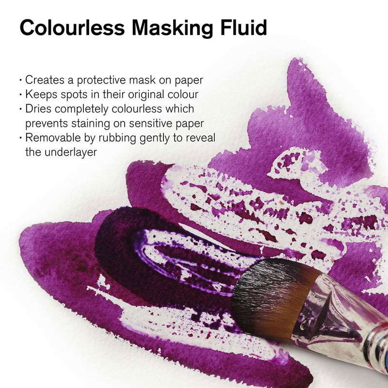 Närbild av en pensel som målar lila akvarell över områden täckta med Winsor & Newton färglös maskeringsvätska, vilket gör att vita linjer och detaljer bevaras. På bilden finns även text om produkten.