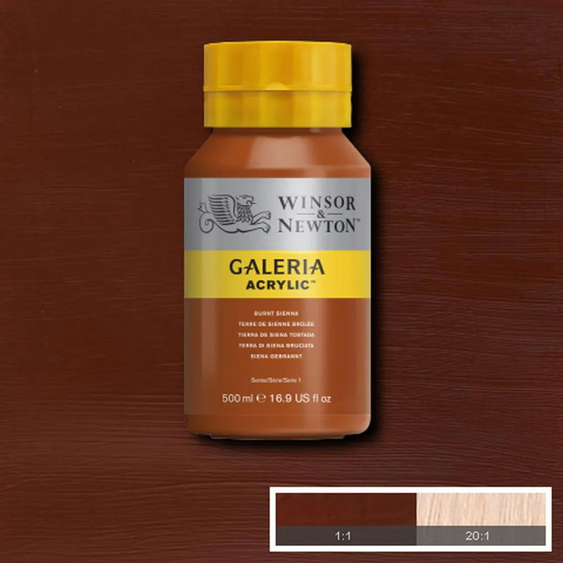Flaska med 500 ml akrylfärg. Winsor & Newton Galeria Burnt Sienna