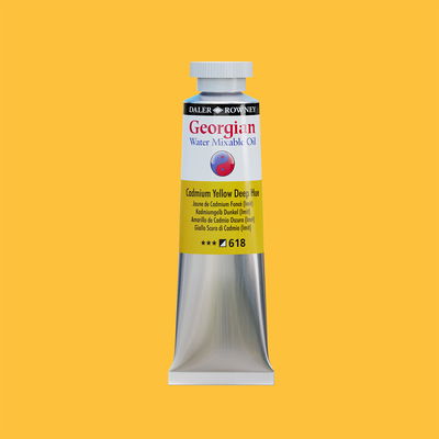 Georgian Water Mixable Oil Paint Cadmium Yellow Deep Hue 37 ml vattenlöslig oljefärg i tub på bakgrund i samma färg