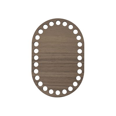 Oval Korgbotten 10x15 cm med äkta valnötsfanér Oval korgbotten 10x15 cm i valnötsfanér, laserskuren träfiberskiva med 9 mm hål, frilagd mot vit bakgrund
