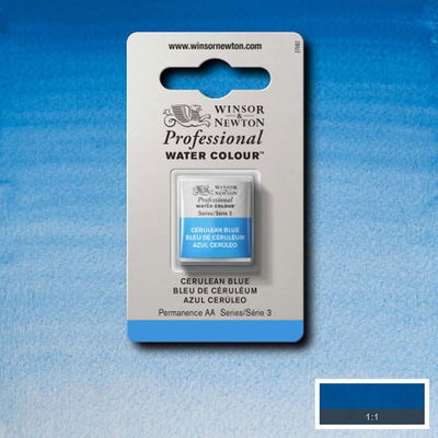 Winsor & Newton Professional Water Colour Cerulean Blue i halvkopp som visas mot målad bakgrund i samma färg.