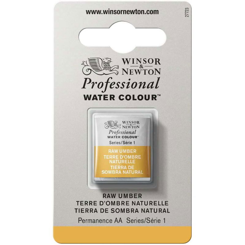Förpackning med Winsor & Newton Professional akvarellfärg Raw Umber halvkopp