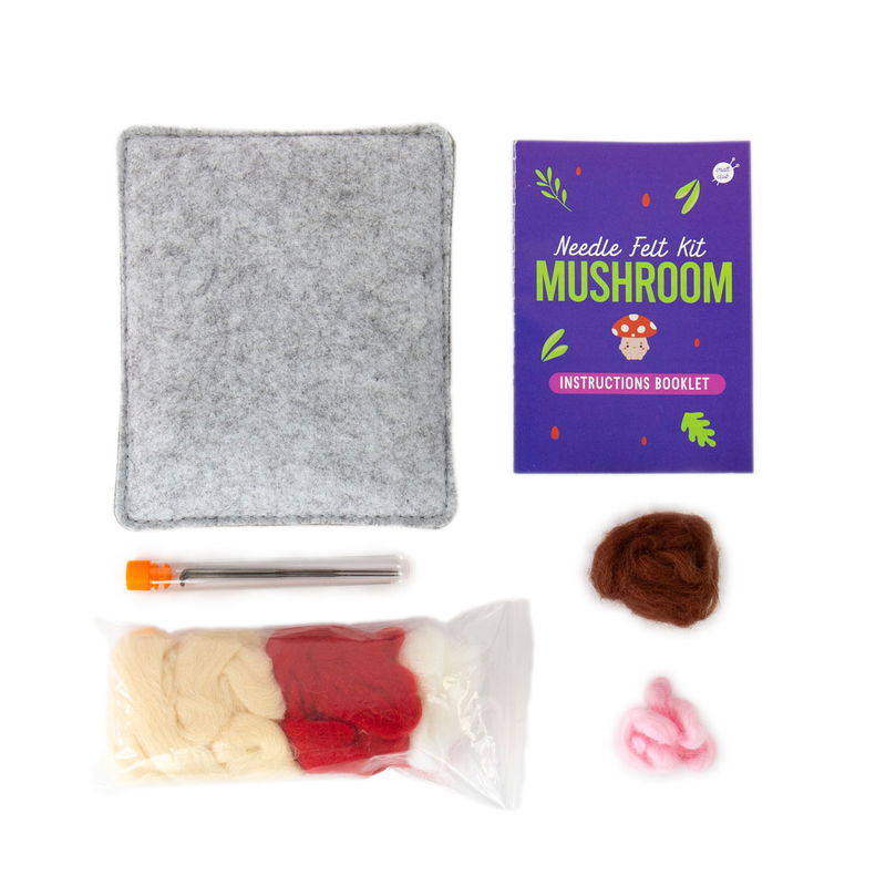 DIY-Kit Tovning Svamp innehåller filtnålar, skyddsrör, tovningsull, nåltovningsmatta och instruktioner