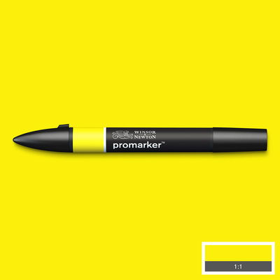 Winsor & Newton Promarker Yellow Y657 marker med färgprov och bakgrund i samma ton