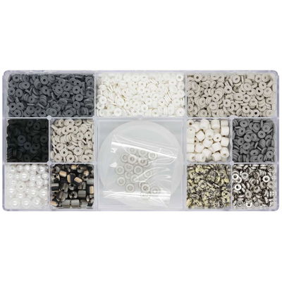 Pärlset med Heishi Fimo-pärlor, metallpärlor och elastisk tråd i återvunnen plastask