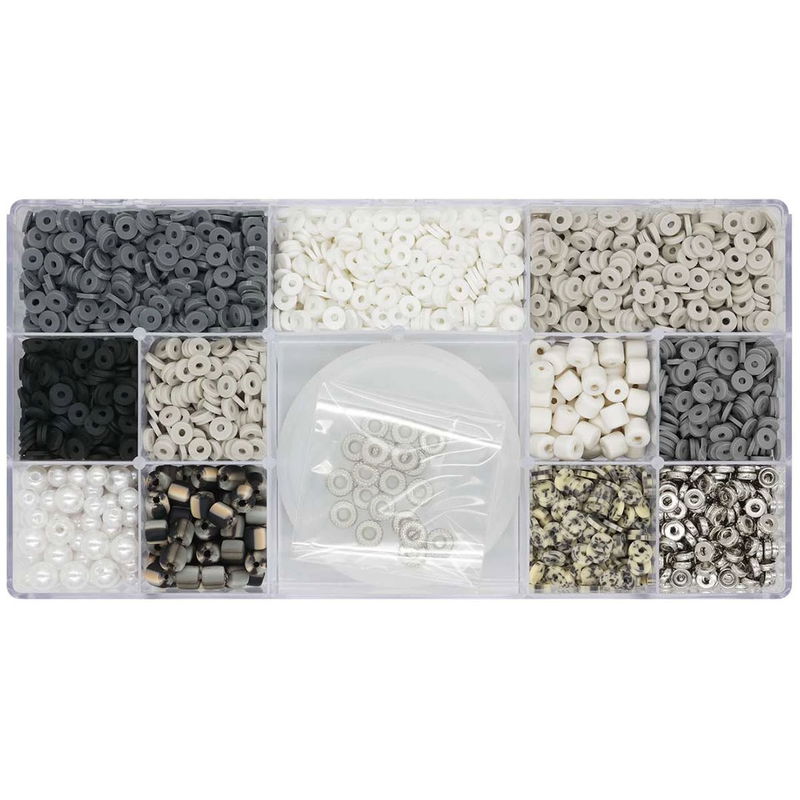 Pärlset med Heishi Fimo-pärlor, metallpärlor och elastisk tråd i återvunnen plastask