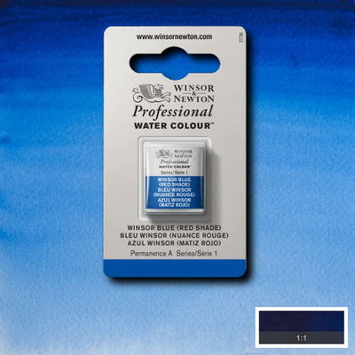 Winsor & Newton Professional Water Colour Winsor Blue (Red Shade) i halvkopp som visas mot målad bakgrund i samma färg.