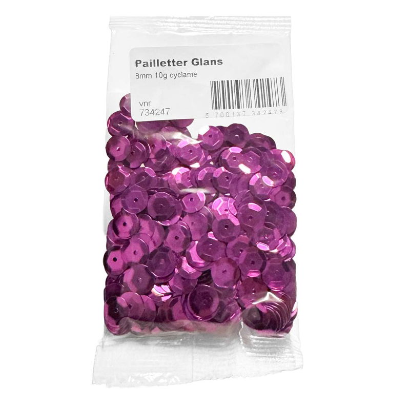 Påse med Cyklamenfärgade paljetter 8 mm 10 g för dekoration och pyssel