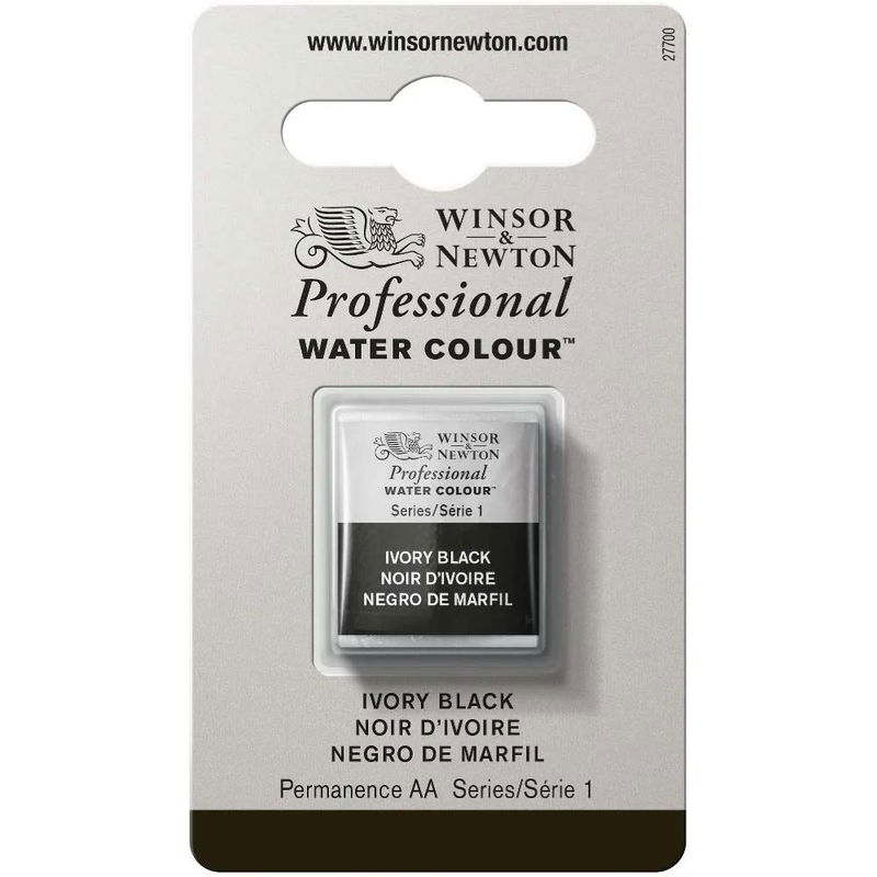 Förpackning med Winsor & Newton Professional akvarellfärg Ivory Black halvkopp