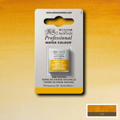 Winsor & Newton Professional Water Colour Raw Sienna i halvkopp som visas mot målad bakgrund i samma färg.