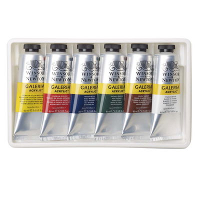 Närbild på sex tuber Winsor & Newton Galeria Acrylic 60 ml i tråg