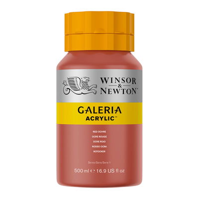 Winsor & Newton Galeria Akrylfärg, 500 ml flaska mot färgad bakgrund. Red Ochre