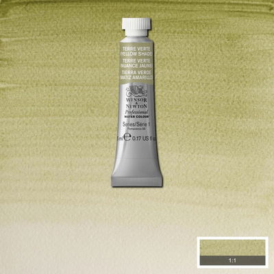 Winsor & Newton Professional Water Colour Terre Verte (Yellow Shade) i 5 ml tub som visas mot målad bakgrund i samma färg.