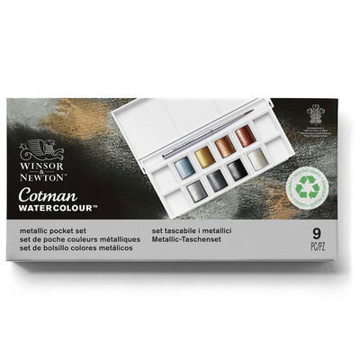 Winsor & Newton Cotman Metallic Pocket Set 8 st akvarellfärger, visad i stängd förpackning med pensel och färger på framsidan