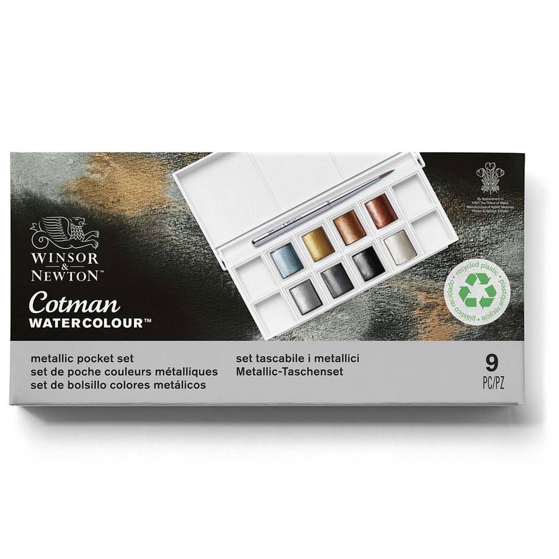 Winsor & Newton Cotman Metallic Pocket Set 8 st akvarellfärger, visad i stängd förpackning med pensel och färger på framsidan
