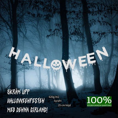 Halloween-girlang i vit kartong med 25 cm höga bokstäver, monterad på en bild med skogsmiljö med dimmig bakgrund