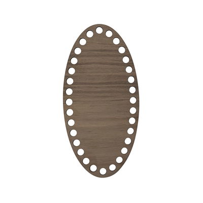 Oval korgbotten 10x20 cm i valnötsfanér, laserskuren träfiberskiva med 9 mm hål, frilagd mot vit bakgrund