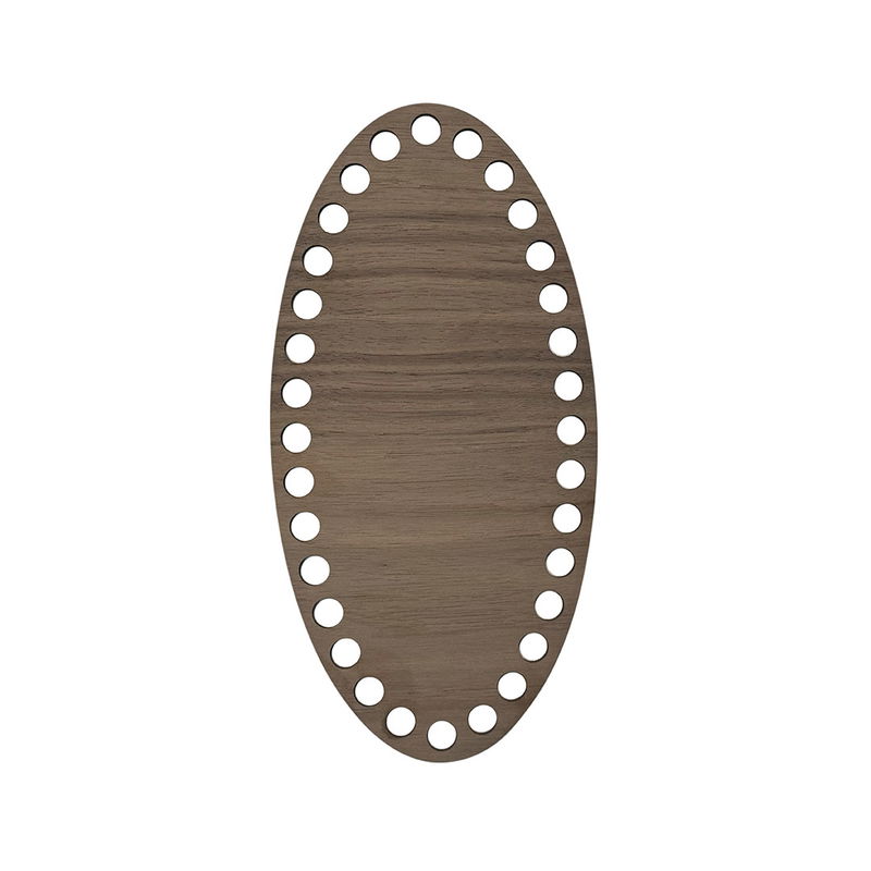 Oval korgbotten 10x20 cm i valnötsfanér, laserskuren träfiberskiva med 9 mm hål, frilagd mot vit bakgrund